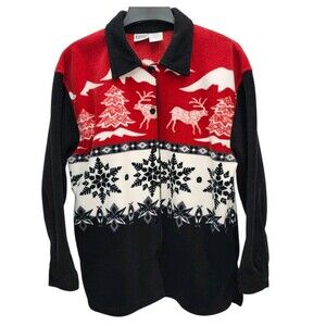Capacity Knits Fleece Shirt Jacket Womens Large Deer Snowflakes VTG 80s 90s